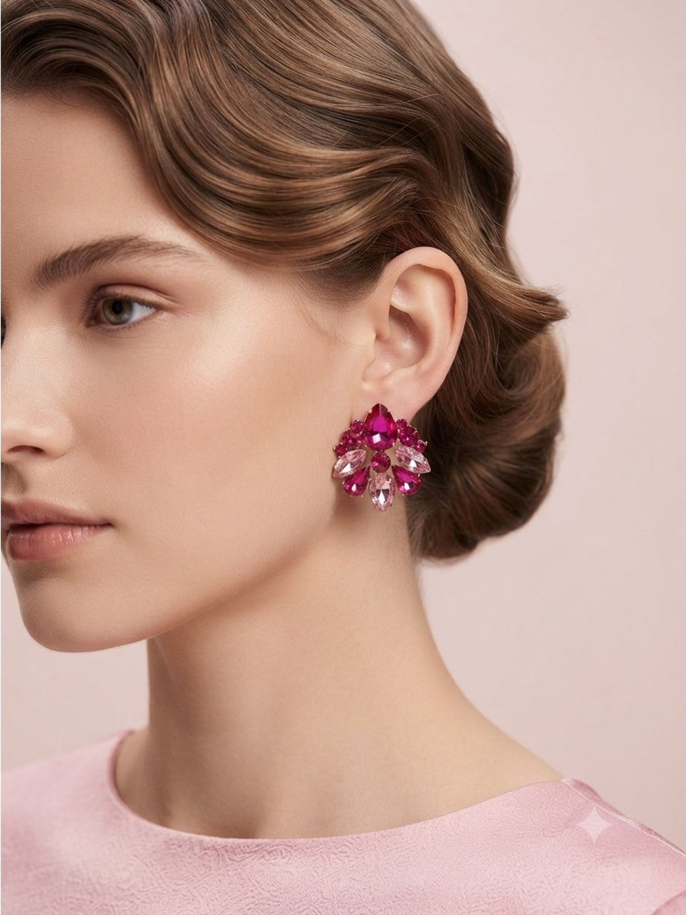 Pink Crystal Cluster Earrings Gold Tone Teardrop Statement - Picture 8 of 13